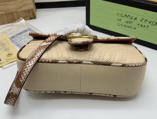 Gucci GG Marmont Raffia Mini Shoulder Bag Beige Raffia with Cream and Brown Snakeskin Trim