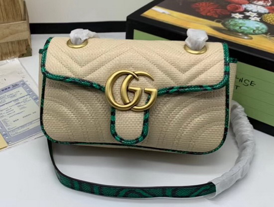 Gucci GG Marmont Raffia Mini Shoulder Bag Beige Raffia with Green Snakeskin Trim