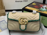 Gucci GG Marmont Raffia Mini Shoulder Bag Beige Raffia with Green Snakeskin Trim