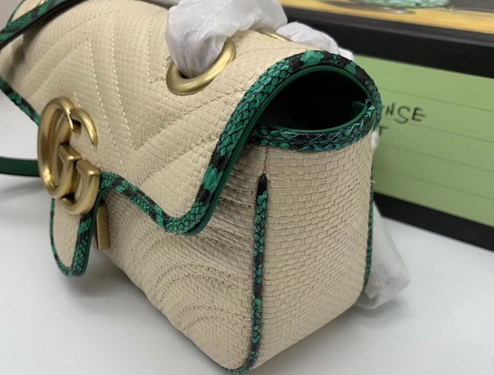 Gucci GG Marmont Raffia Mini Shoulder Bag Beige Raffia with Green Snakeskin Trim