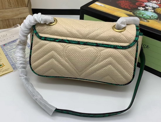 Gucci GG Marmont Raffia Mini Shoulder Bag Beige Raffia with Green Snakeskin Trim