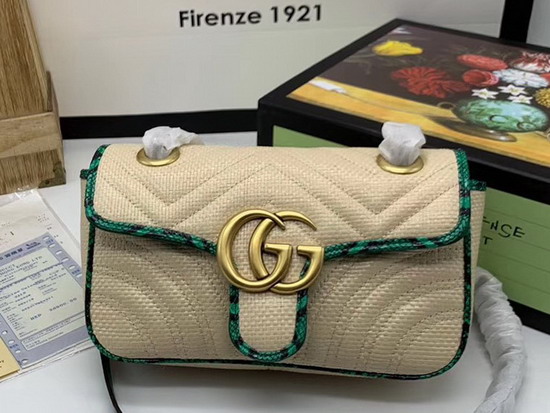 Gucci GG Marmont Raffia Mini Shoulder Bag Beige Raffia with Green Snakeskin Trim