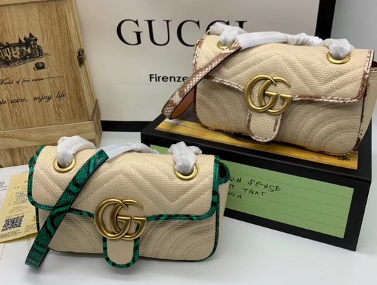 Gucci GG Marmont Raffia Small Shoulder Bag Beige Matelasse Chevron Raffia with a Heart Cream and Brown Snakeskin Trim 443497