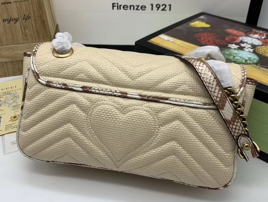 Gucci GG Marmont Raffia Small Shoulder Bag Beige Matelasse Chevron Raffia with a Heart Cream and Brown Snakeskin Trim 443497