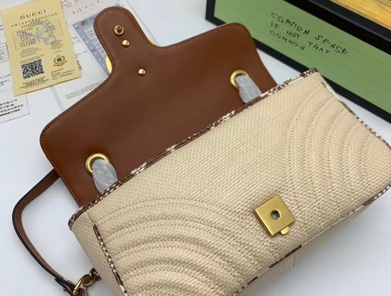 Gucci GG Marmont Raffia Small Shoulder Bag Beige Matelasse Chevron Raffia with a Heart Cream and Brown Snakeskin Trim 443497