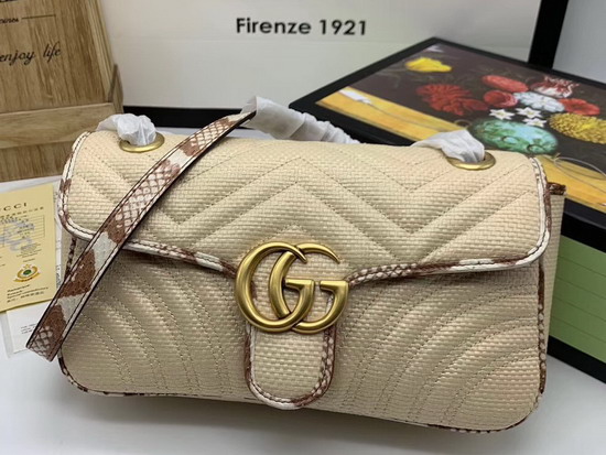 Gucci GG Marmont Raffia Small Shoulder Bag Beige Matelasse Chevron Raffia with a Heart Cream and Brown Snakeskin Trim 443497