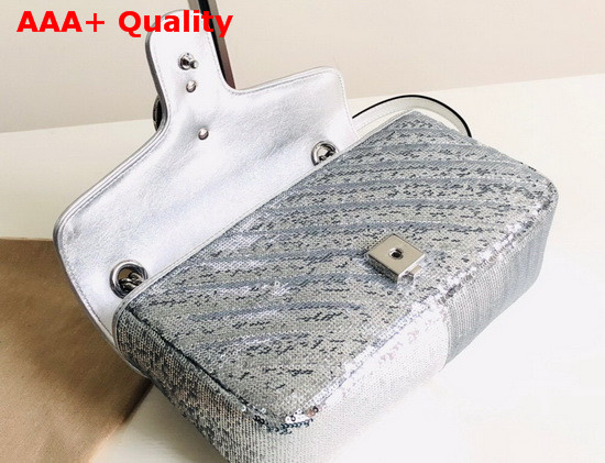 Gucci GG Marmont Small Sequin Shoulder Bag in Silver Sequin Embroidered Quilted Silk 443497 Replica