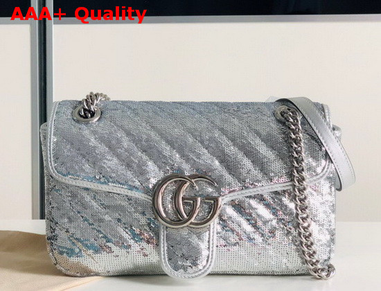 Gucci GG Marmont Small Sequin Shoulder Bag in Silver Sequin Embroidered Quilted Silk 443497 Replica