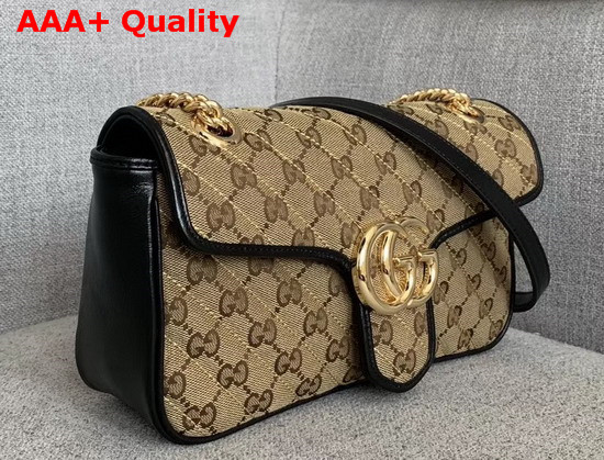 Gucci GG Marmont Small Shoulder Bag Beige Ebony Diagonal Matelasse Original GG Canvas and Black Leather Trim 443497 Replica