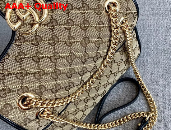 Gucci GG Marmont Small Shoulder Bag Beige Ebony Diagonal Matelasse Original GG Canvas and Black Leather Trim 443497 Replica