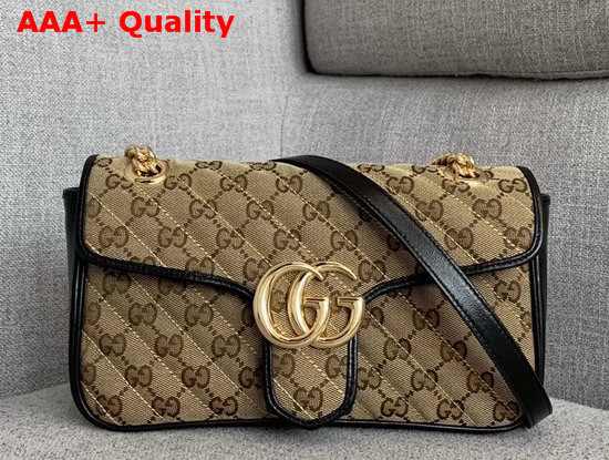 Gucci GG Marmont Small Shoulder Bag Beige Ebony Diagonal Matelasse Original GG Canvas and Black Leather Trim 443497 Replica