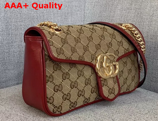 Gucci GG Marmont Small Shoulder Bag Beige Ebony Diagonal Matelasse Original GG Canvas and Red Leather Trim 443497 Replica