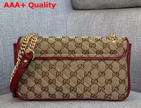 Gucci GG Marmont Small Shoulder Bag Beige Ebony Diagonal Matelasse Original GG Canvas and Red Leather Trim 443497 Replica