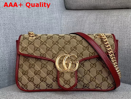 Gucci GG Marmont Small Shoulder Bag Beige Ebony Diagonal Matelasse Original GG Canvas and Red Leather Trim 443497 Replica