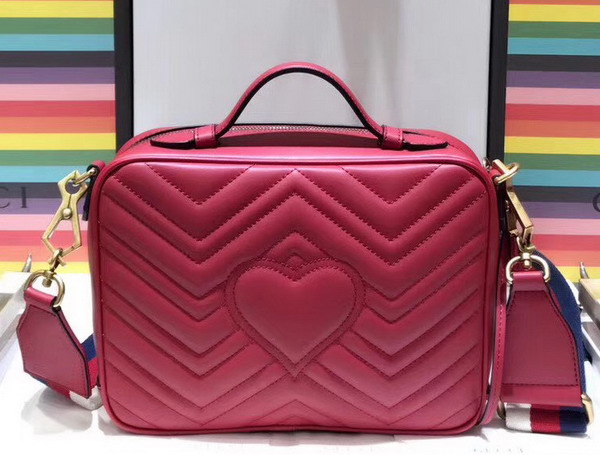 Gucci GG Marmont Small Shoulder Bag in Hibiscus Red Matelasse Chevron Leather with a Heart