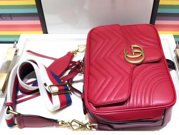 Gucci GG Marmont Small Shoulder Bag in Hibiscus Red Matelasse Chevron Leather with a Heart