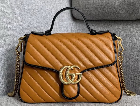 Gucci GG Marmont Small Top Handle Bag in Cognac Diagonal Metalasse Leather with a Vintage Effect 498110