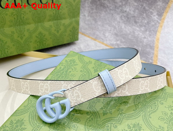 Gucci GG Marmont Thin Belt Beige and White GG Supreme Canvas with Pale Blue Leather Details 409417 Replica