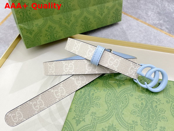 Gucci GG Marmont Thin Belt Beige and White GG Supreme Canvas with Pale Blue Leather Details 409417 Replica