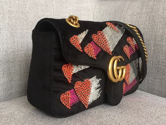 Gucci GG Marmont Velvet Shoulder Bag in Black with Embroidered Sequins and Crystals