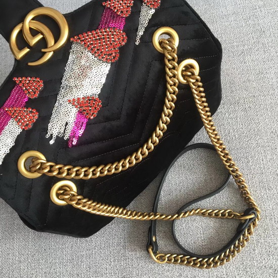 Gucci GG Marmont Velvet Shoulder Bag in Black with Embroidered Sequins and Crystals