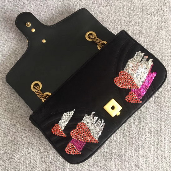 Gucci GG Marmont Velvet Shoulder Bag in Black with Embroidered Sequins and Crystals