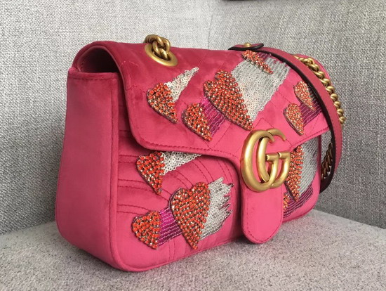 Gucci GG Marmont Velvet Shoulder Bag in Pink with Embroidered Sequins and Crystals