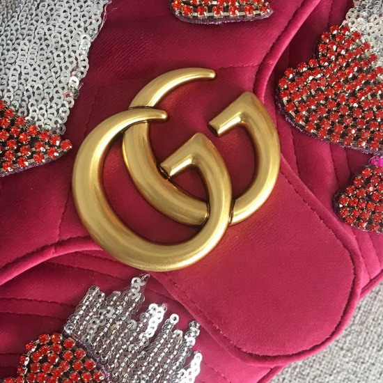 Gucci GG Marmont Velvet Shoulder Bag in Pink with Embroidered Sequins and Crystals