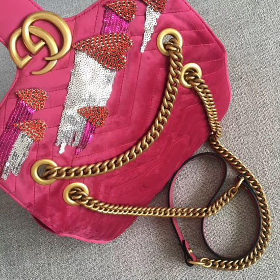 Gucci GG Marmont Velvet Shoulder Bag in Pink with Embroidered Sequins and Crystals