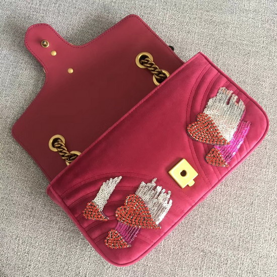 Gucci GG Marmont Velvet Shoulder Bag in Pink with Embroidered Sequins and Crystals