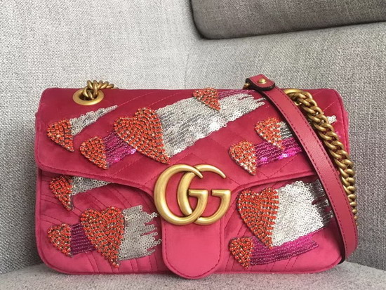 Gucci GG Marmont Velvet Shoulder Bag in Pink with Embroidered Sequins and Crystals