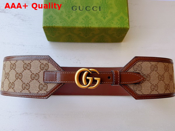 Gucci GG Marmont Wide Belt in Beige and Ebony GG Supreme Canvas and Brown Leather Trim 699752 Replica