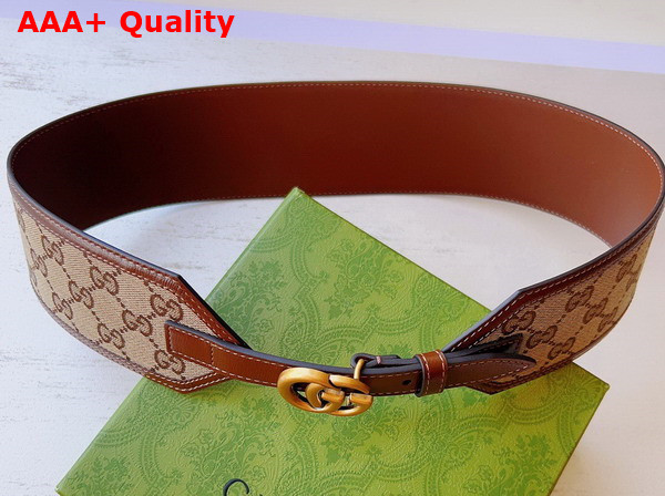 Gucci GG Marmont Wide Belt in Beige and Ebony GG Supreme Canvas and Brown Leather Trim 699752 Replica