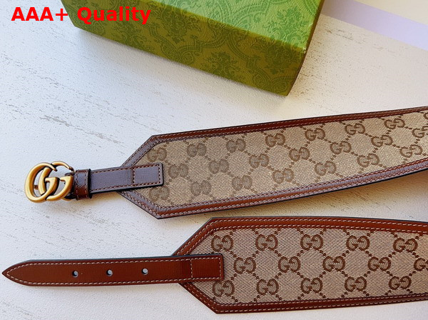 Gucci GG Marmont Wide Belt in Beige and Ebony GG Supreme Canvas and Brown Leather Trim 699752 Replica