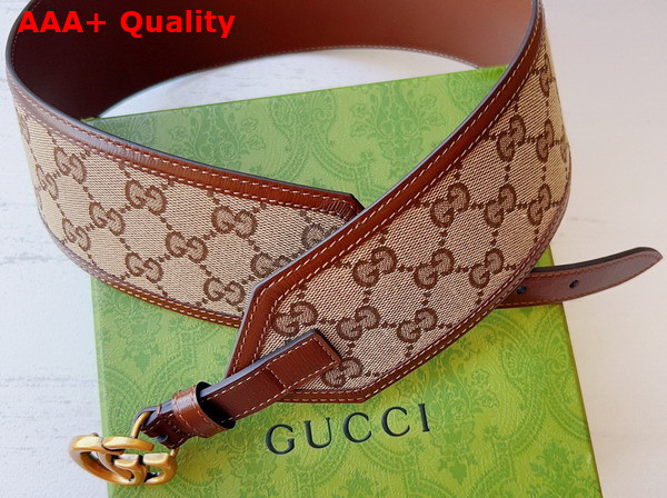 Gucci GG Marmont Wide Belt in Beige and Ebony GG Supreme Canvas and Brown Leather Trim 699752 Replica