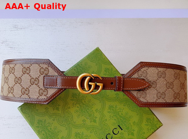 Gucci GG Marmont Wide Belt in Beige and Ebony GG Supreme Canvas and Brown Leather Trim 699752 Replica