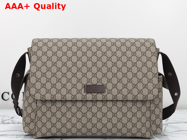 Gucci GG Plus Diaper Bag in Beige and Ebony GG Supreme with Brown Leather Trim 211131 Replica