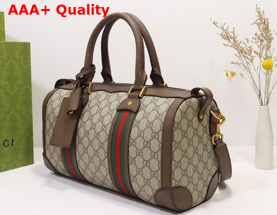 Gucci GG Small Duffle Bag with Web in Beige and Ebony GG Supreme Canvas 645017 Replica