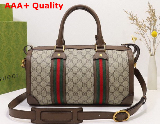 Gucci GG Small Duffle Bag with Web in Beige and Ebony GG Supreme Canvas 645017 Replica