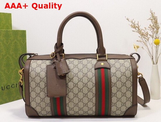 Gucci GG Small Duffle Bag with Web in Beige and Ebony GG Supreme Canvas 645017 Replica