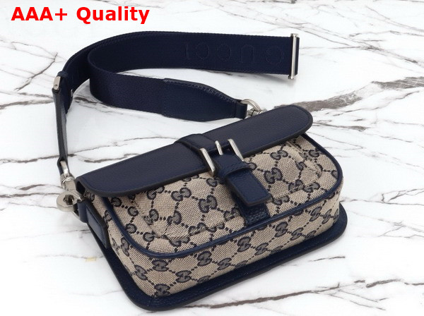 Gucci GG Super Mini Bag in Beige and Blue Original GG Canvas and Dark Blue Leather 795213 Replica