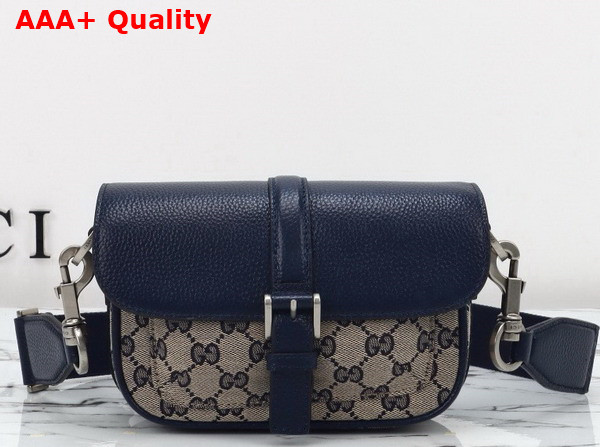 Gucci GG Super Mini Bag in Beige and Blue Original GG Canvas and Dark Blue Leather 795213 Replica