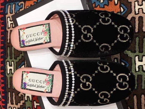 Gucci GG Velvet Slipper in Black GG Velvet with Crystal Embroidered Trim