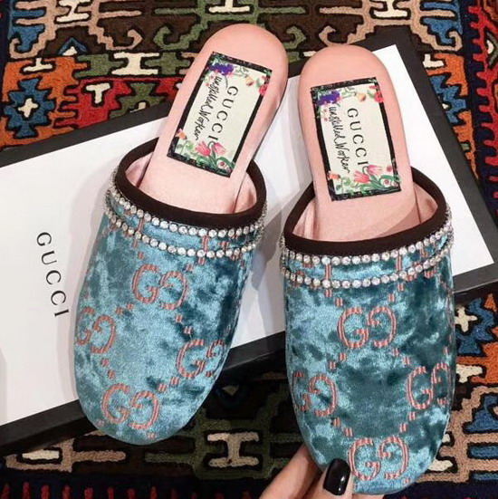 Gucci GG Velvet Slipper in Blue GG Velvet with Crystal Embroidered Trim