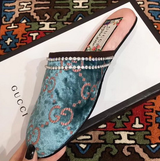 Gucci GG Velvet Slipper in Blue GG Velvet with Crystal Embroidered Trim