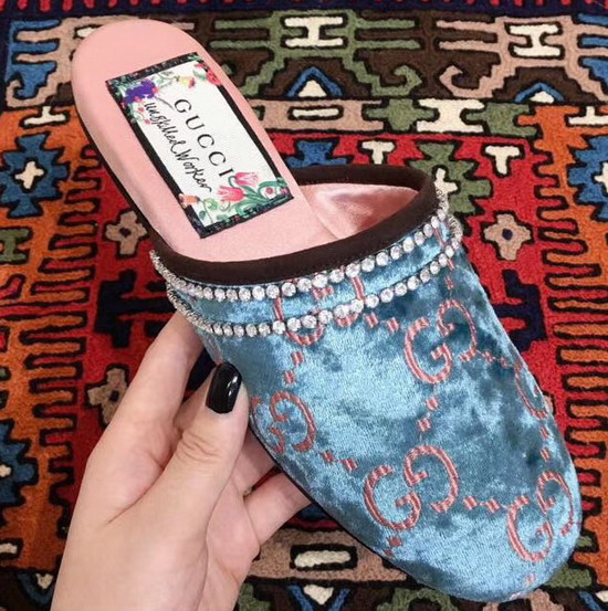 Gucci GG Velvet Slipper in Blue GG Velvet with Crystal Embroidered Trim