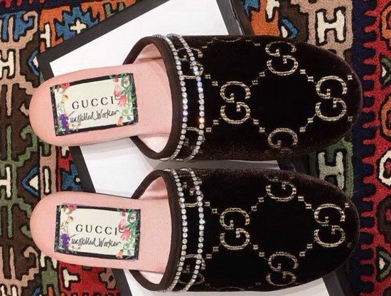 Gucci GG Velvet Slipper in Brown GG Velvet with Crystal Embroidered Trim