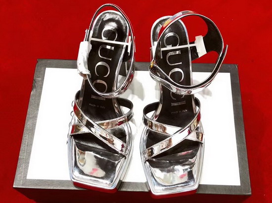 Gucci High Heel Leather Sandal Plain Toe Metallic Silver