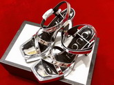 Gucci High Heel Leather Sandal Plain Toe Metallic Silver