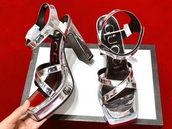 Gucci High Heel Leather Sandal Plain Toe Metallic Silver